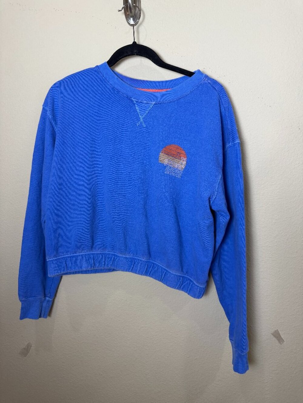 BILLABONG Faded Royal Blue Cropped Sweatshirt Scenic Route 73 Sunset Size Small